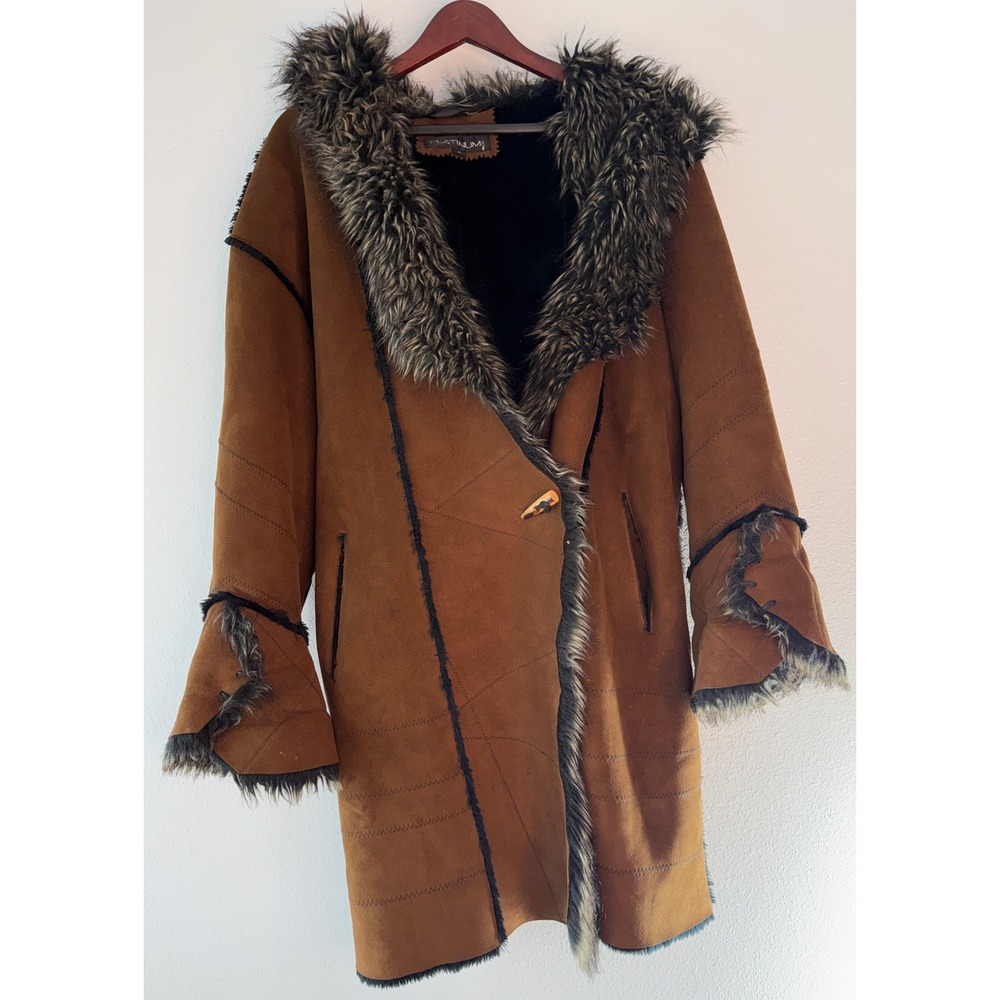 VTG Y2K Platinum Utex Faux Suede Fur Coat Penny Lane Brown Winter Boho Large